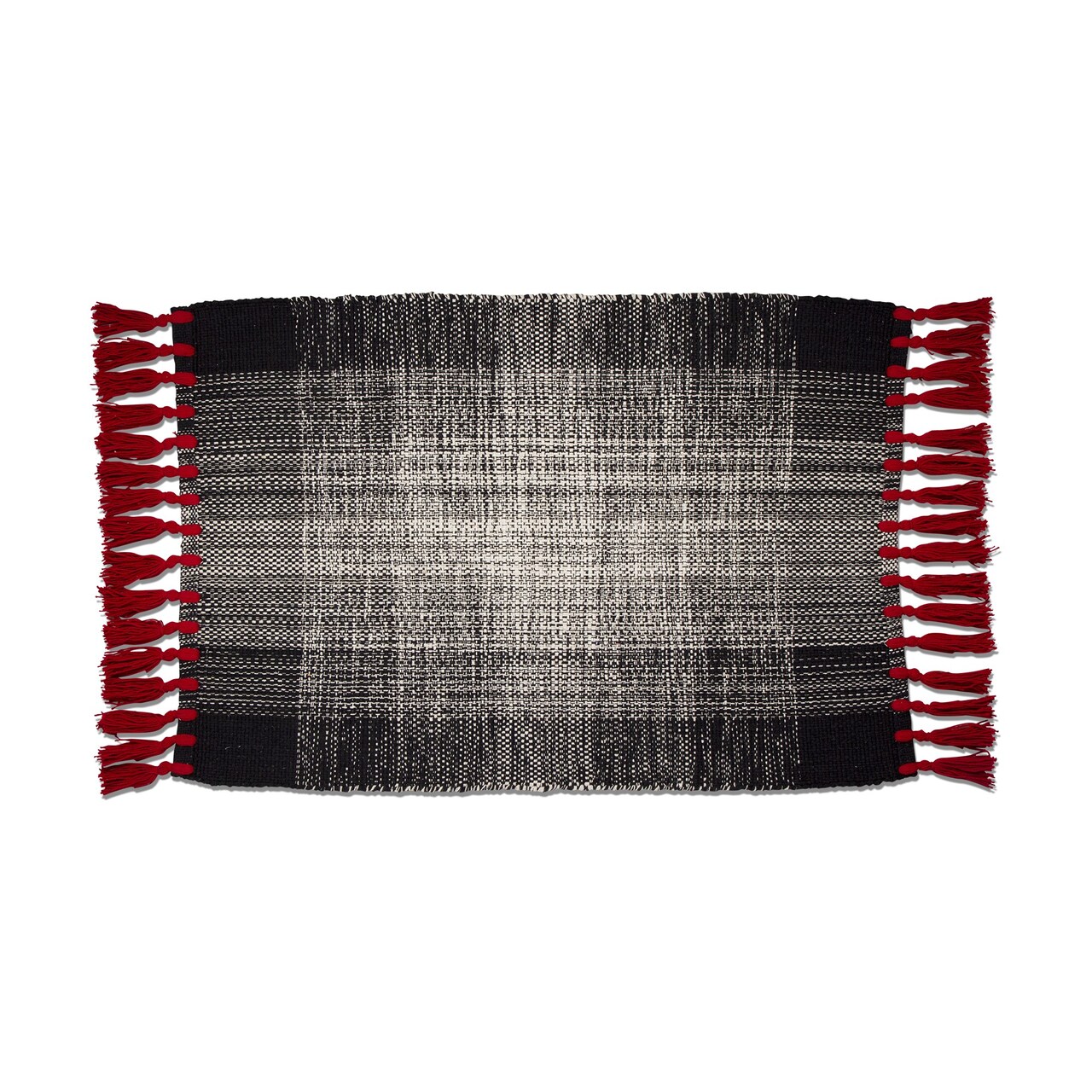 Tessa Black with Red Tassels Hand Woven Cotton Indoor Rug 24L x 36W Inches